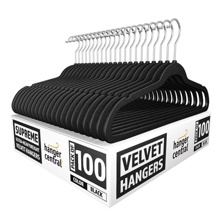 Hanger Central 100 pack 17 Inch Black Velvet Clothes Hangers with Swivel Hook
