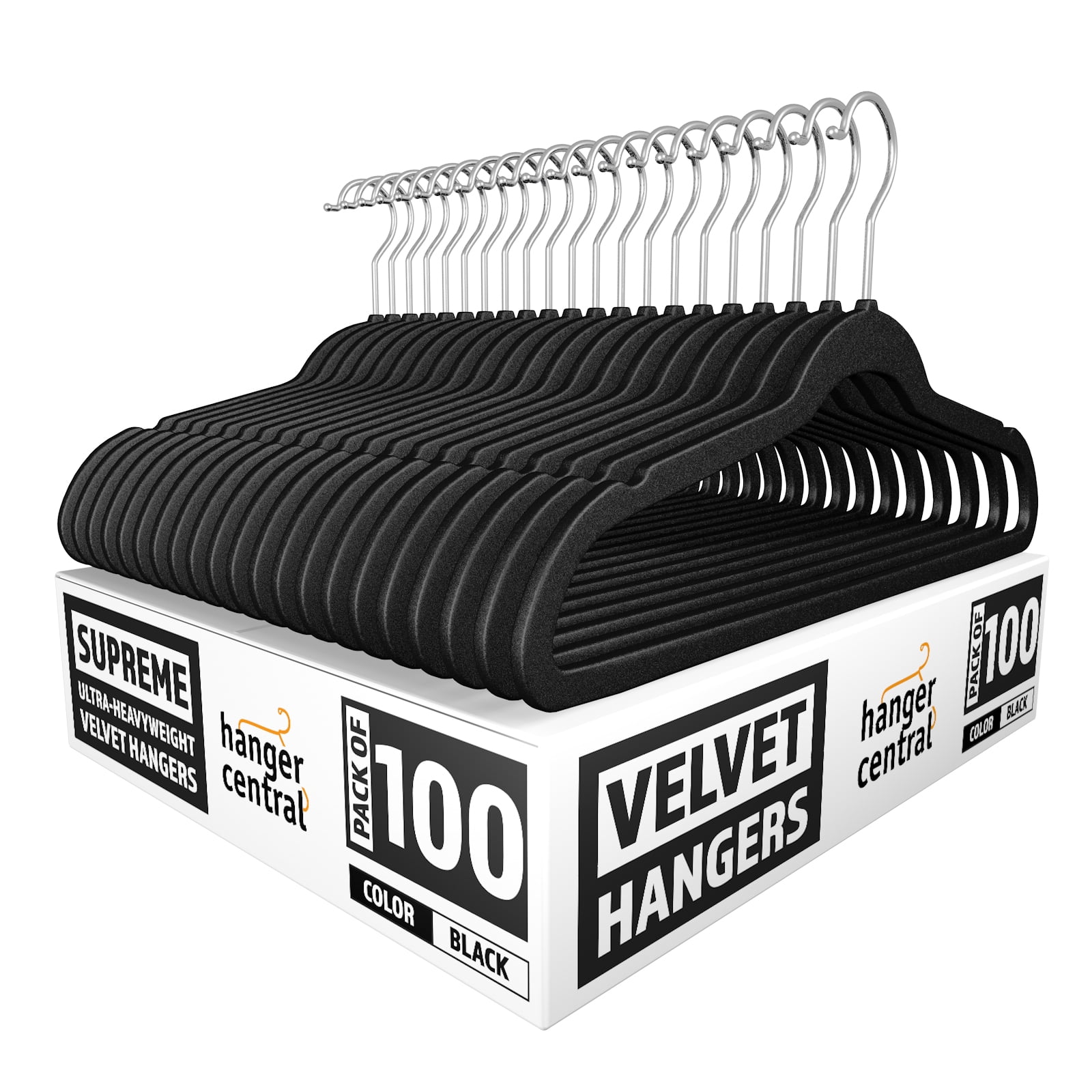 Hanger Central 100 pack 17 Inch Black Velvet Clothes Hangers with Swivel Hook