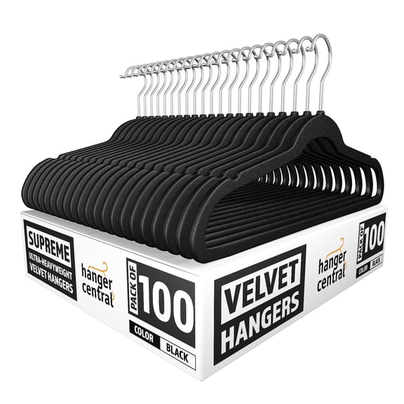 Hanger Central 100 pack 17 Inch Black Velvet Clothes Hangers with Swivel Hook