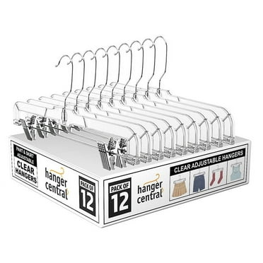 Hanger Central 12 Pack 14" Clear Skirt Hangers with Adjustable Clips, Non-Slip Plastic Pant Hangers, Slim Clip for Pants, Skirts, Shorts, 360-Rotating Swivel Hook