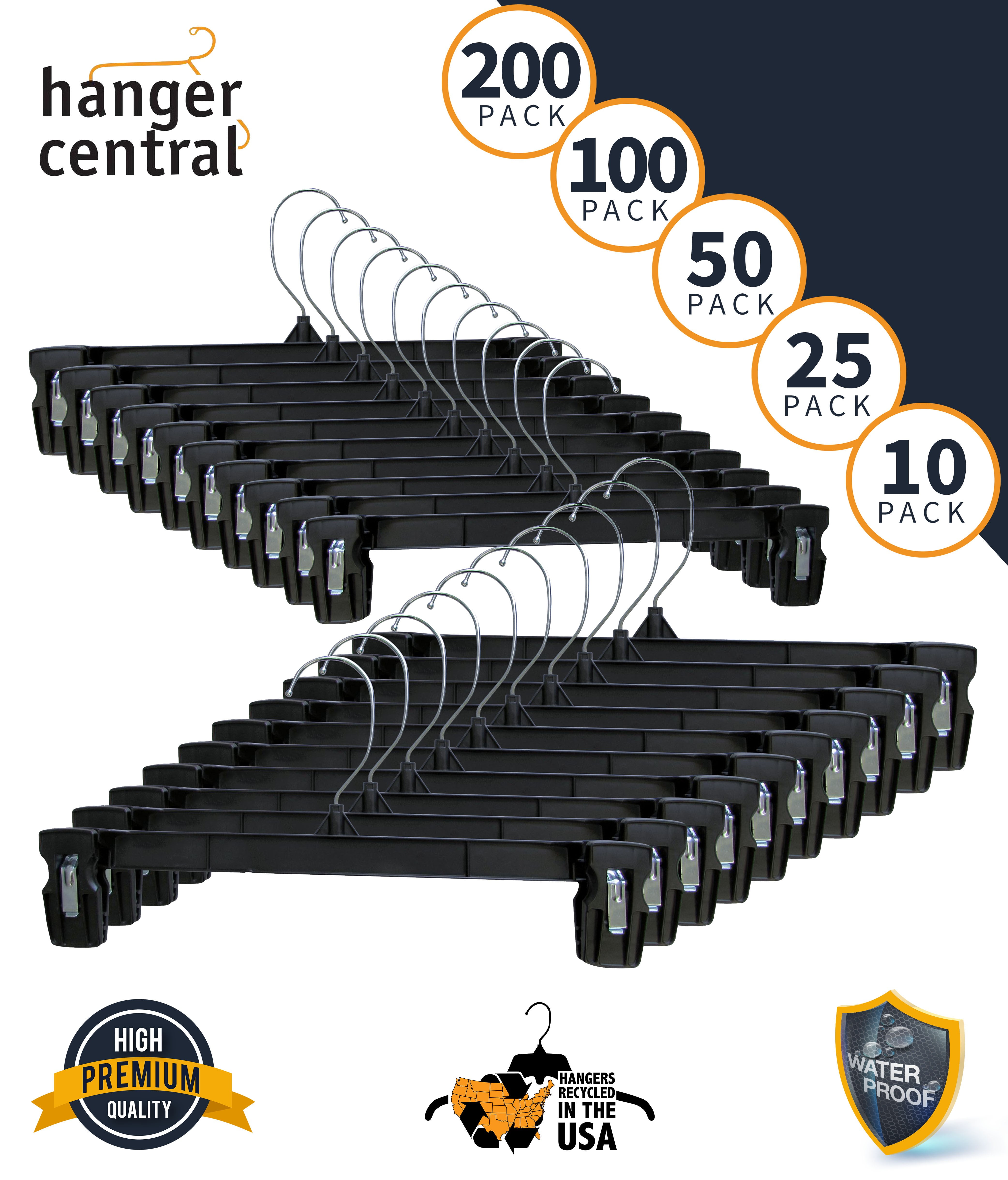 Hanger Central 200 pack Recycled Black Heavy Duty Plastic Pants & Skirt Bottom Hangers with Plastic Extra Long Pinch Clips and Polished Metal Swivel Hooks, 12 Inch,