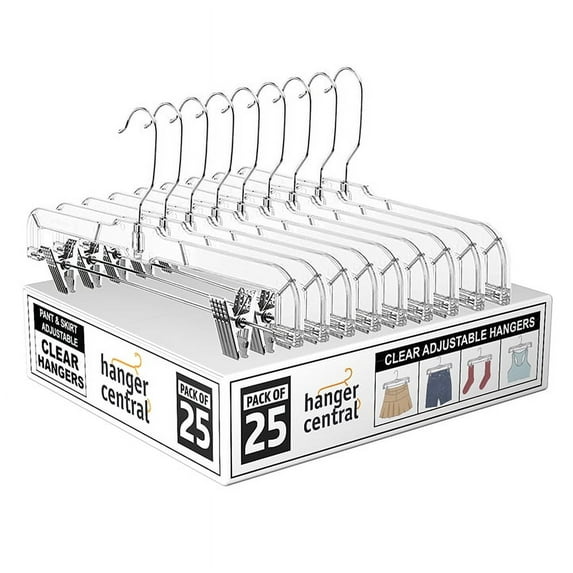 Hanger Central 25 Pack 14", Clear Skirt Hangers with Adjustable Clips, Non-Slip Plastic Pant Hangers, Slim Clip for Pants, Skirts, Shorts, 360-Rotating Swivel Hook