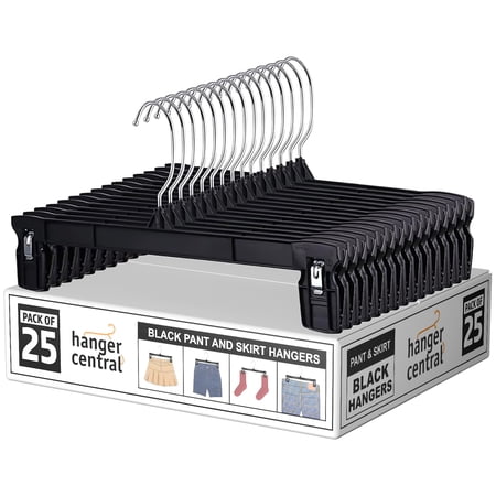 Hanger Central 25 Pack 12 Inch Plastic Pants Hangers with Extra Long Clips in Black