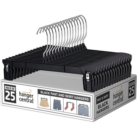 Hanger Central 25 Pack 12 Inch Plastic Pants Hangers with Extra Long Clips in Black