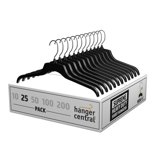 Hanger Central 25 Pack Recycled Black Heavy Duty Plastic Shirt Blouse Garment Hangers with Polished Metal Swivel Hooks, 17 inch