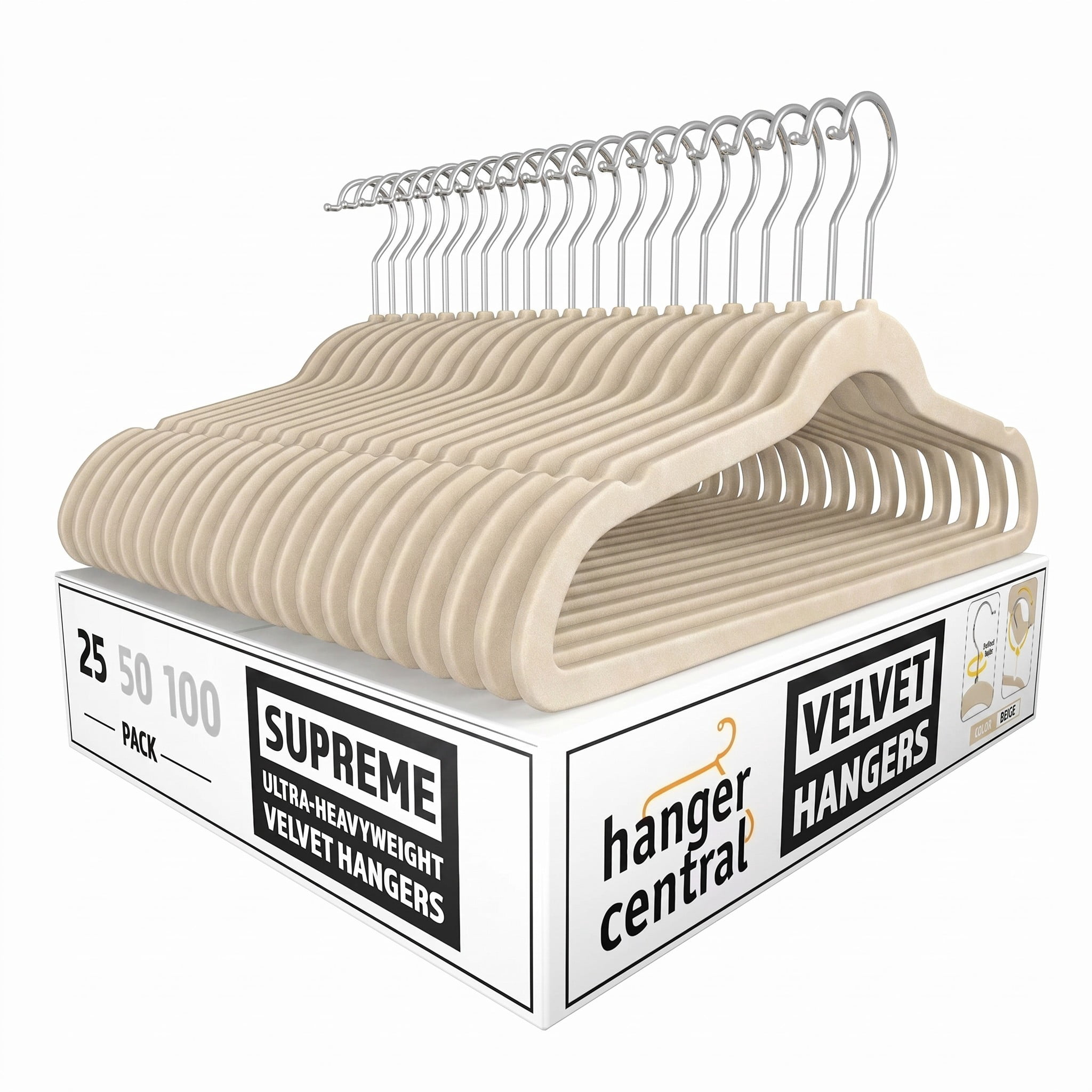 Hanger Central 25 Pack Space Saving Beige Velvet Non-Slip Hangers with Swivel Hook