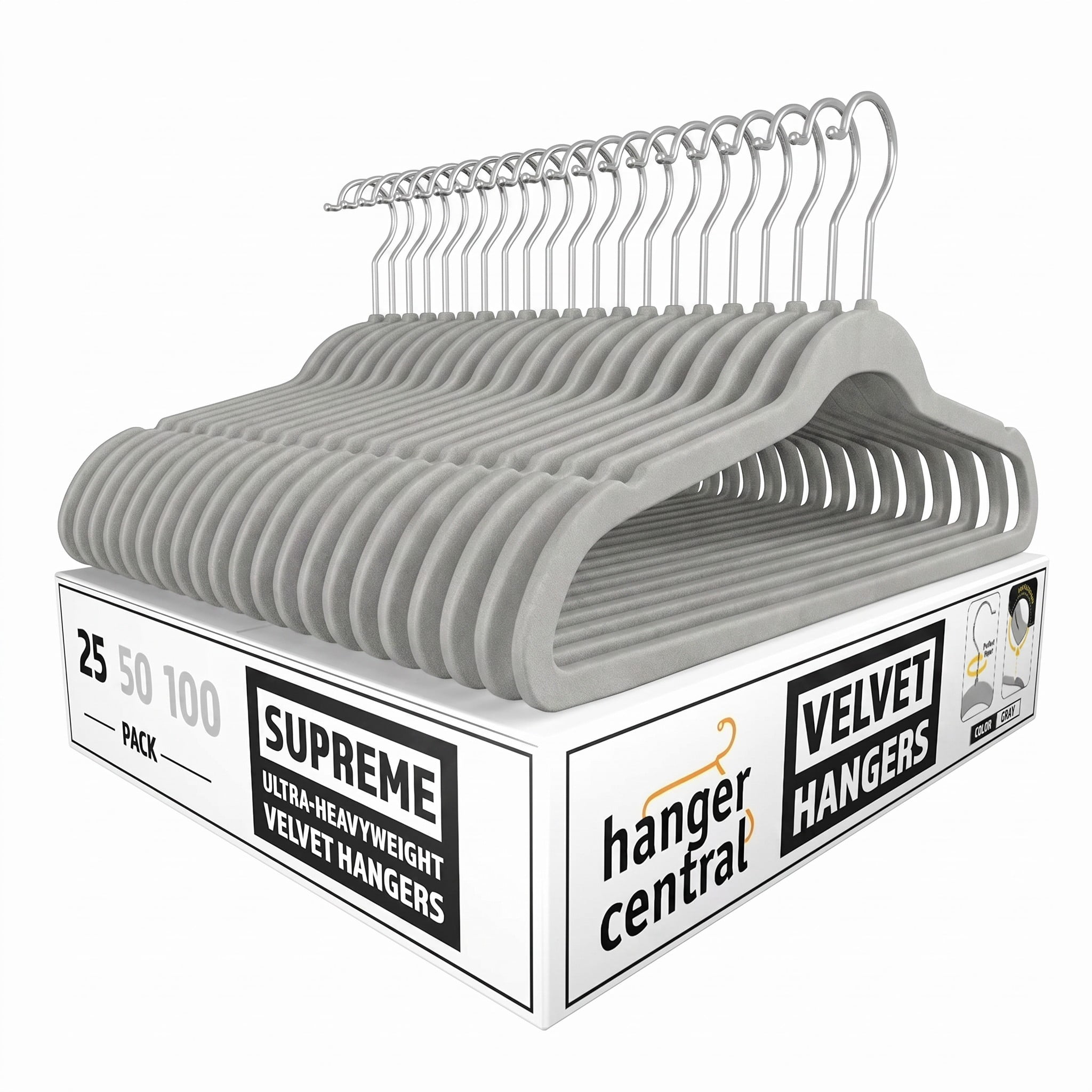 Hanger Central 25 Pack Space Saving Gray Velvet Non-Slip Hangers with Swivel Hook