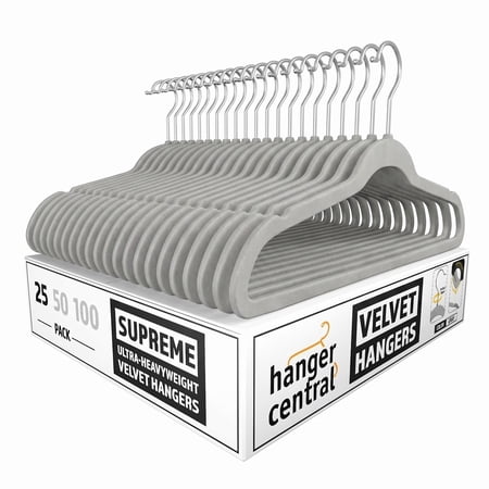 Hanger Central 25 Pack Space Saving Gray Velvet Non-Slip Hangers with Swivel Hook