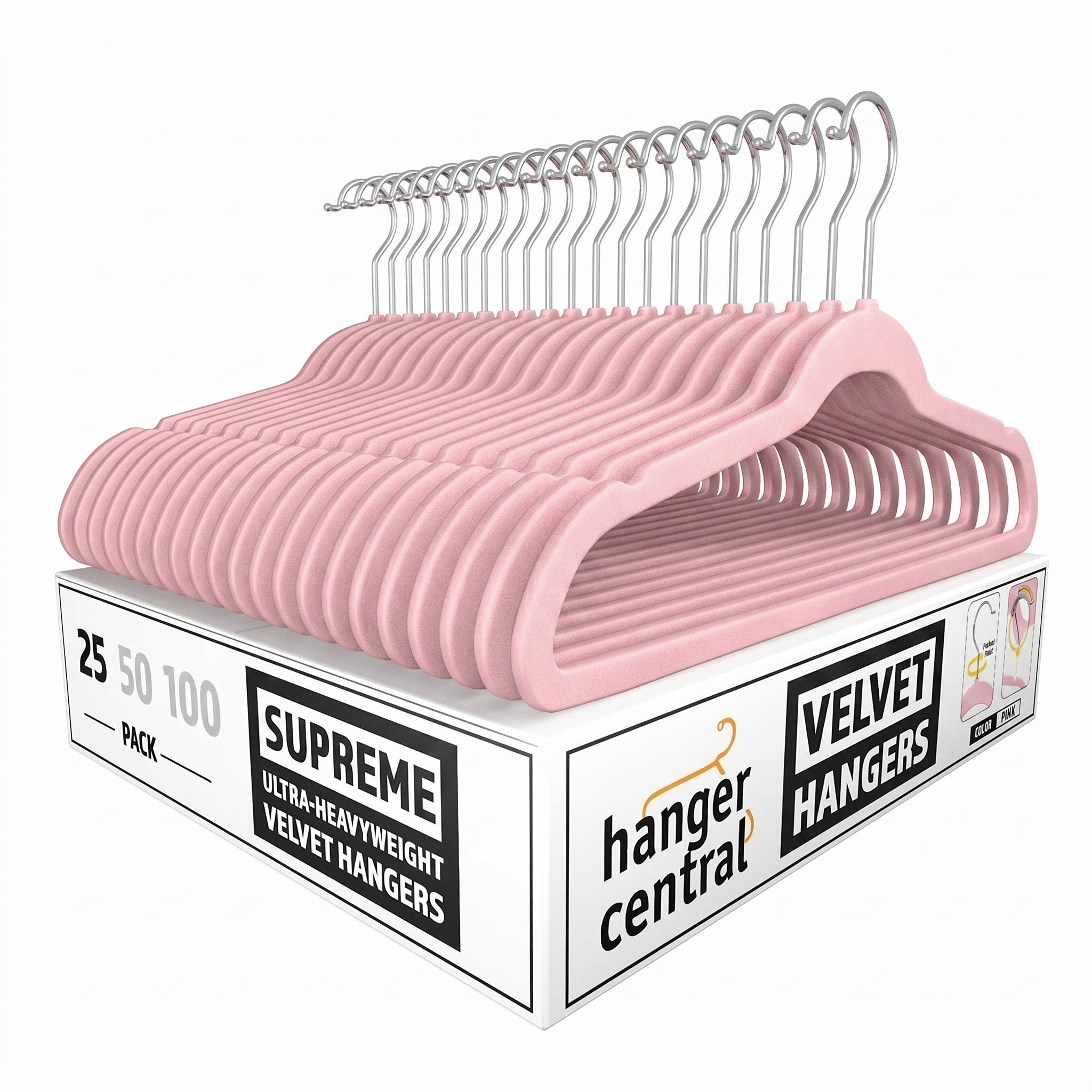 Hanger Central 25 Pack Space Saving Pink Velvet Non-Slip Hangers with Swivel Hook