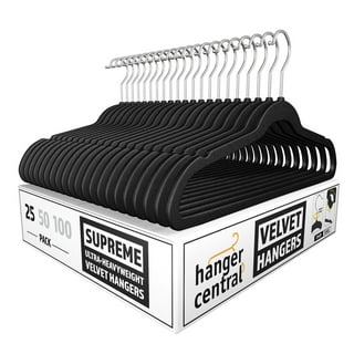 Hanger Central, 25 pack, Space Saving, Heavy Duty Slim Velvet Hangers, Ridged Non-Slip, 360-Rotating Chrome Swivel Hook, Black
