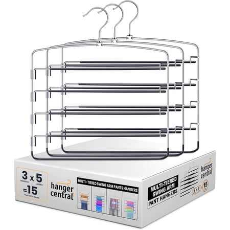 Hanger Central 3 Pack Silver Metal Swing Arm Pants Hangers 5 Tier