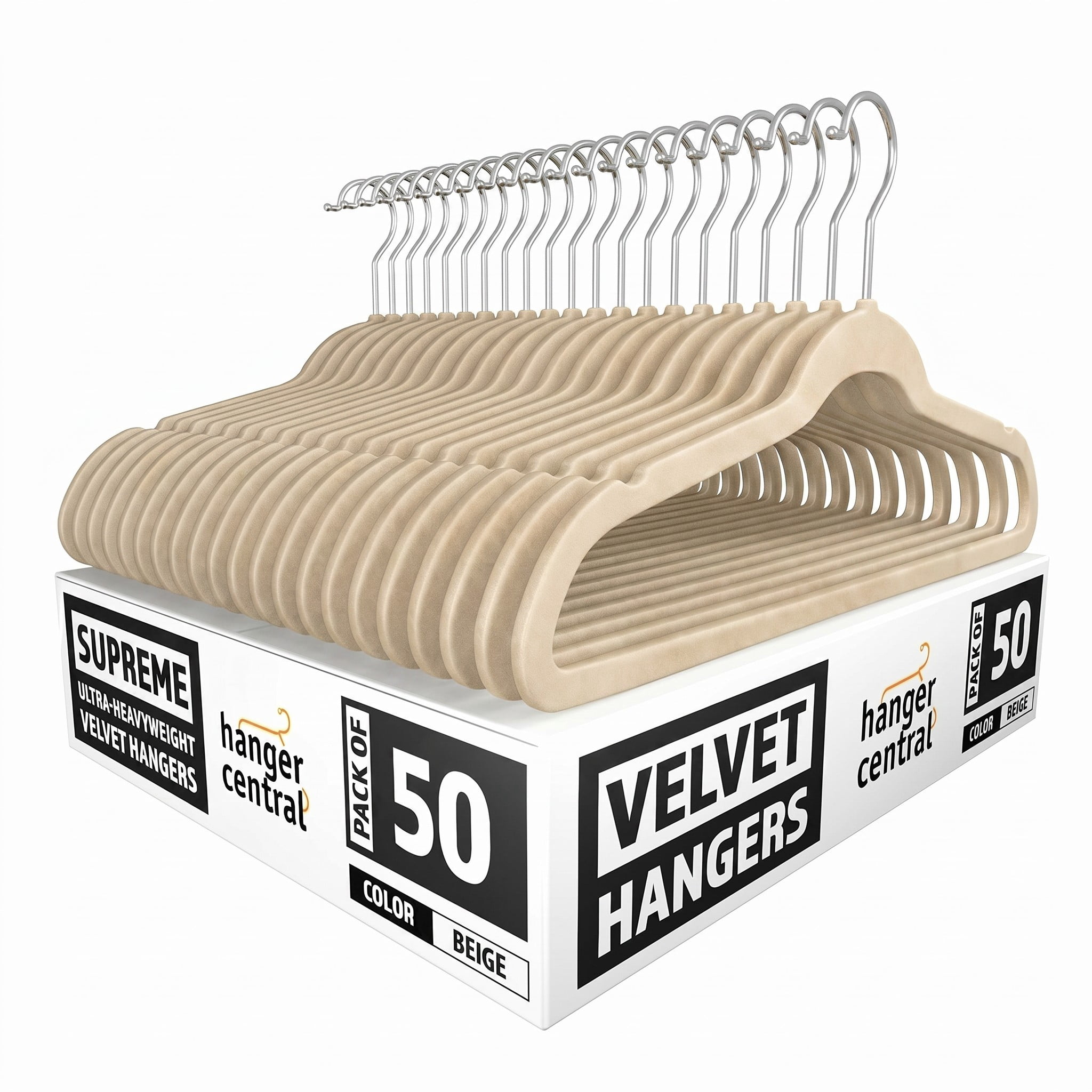 Hanger Central 50 Pack Space Saving Beige Velvet Non-Slip Hangers with Swivel Hook
