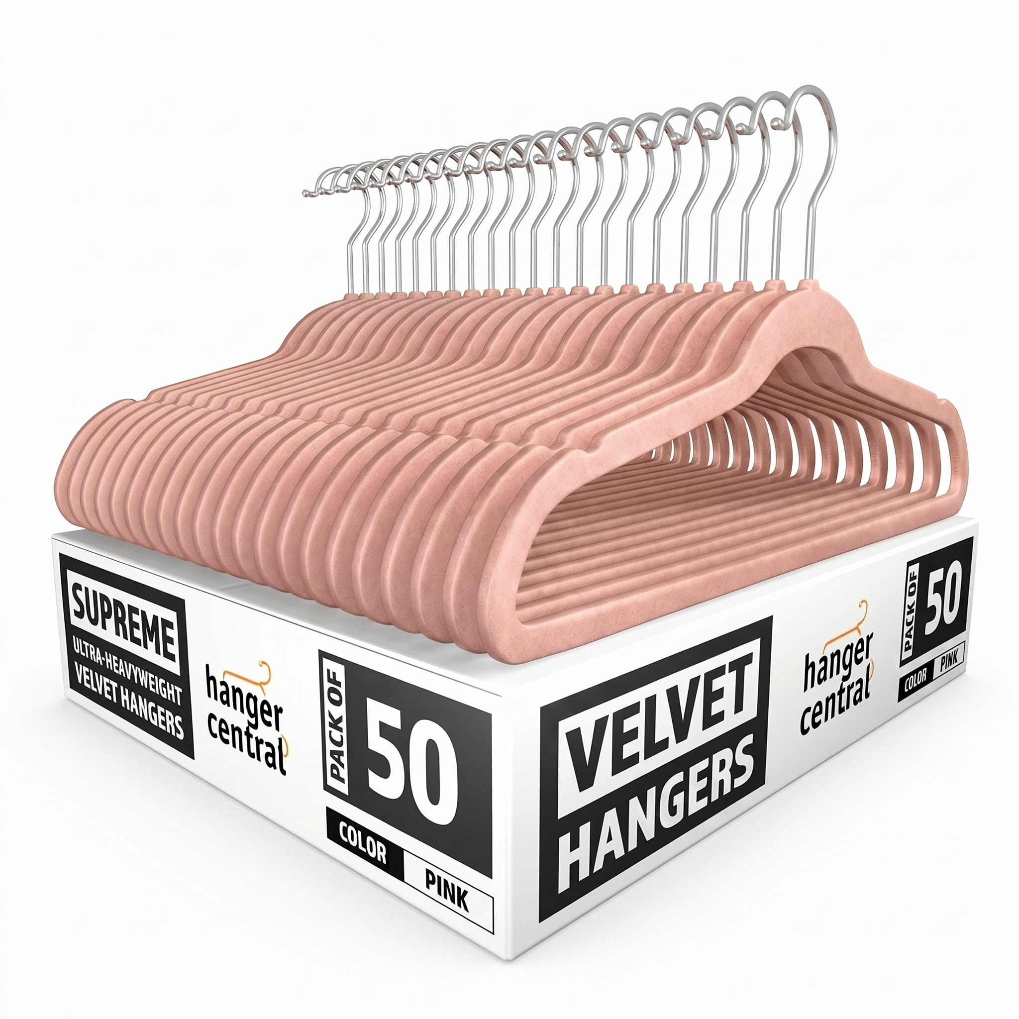 Hanger Central 50 Pack Space Saving Pink Velvet Non-Slip Hangers with Swivel Hook