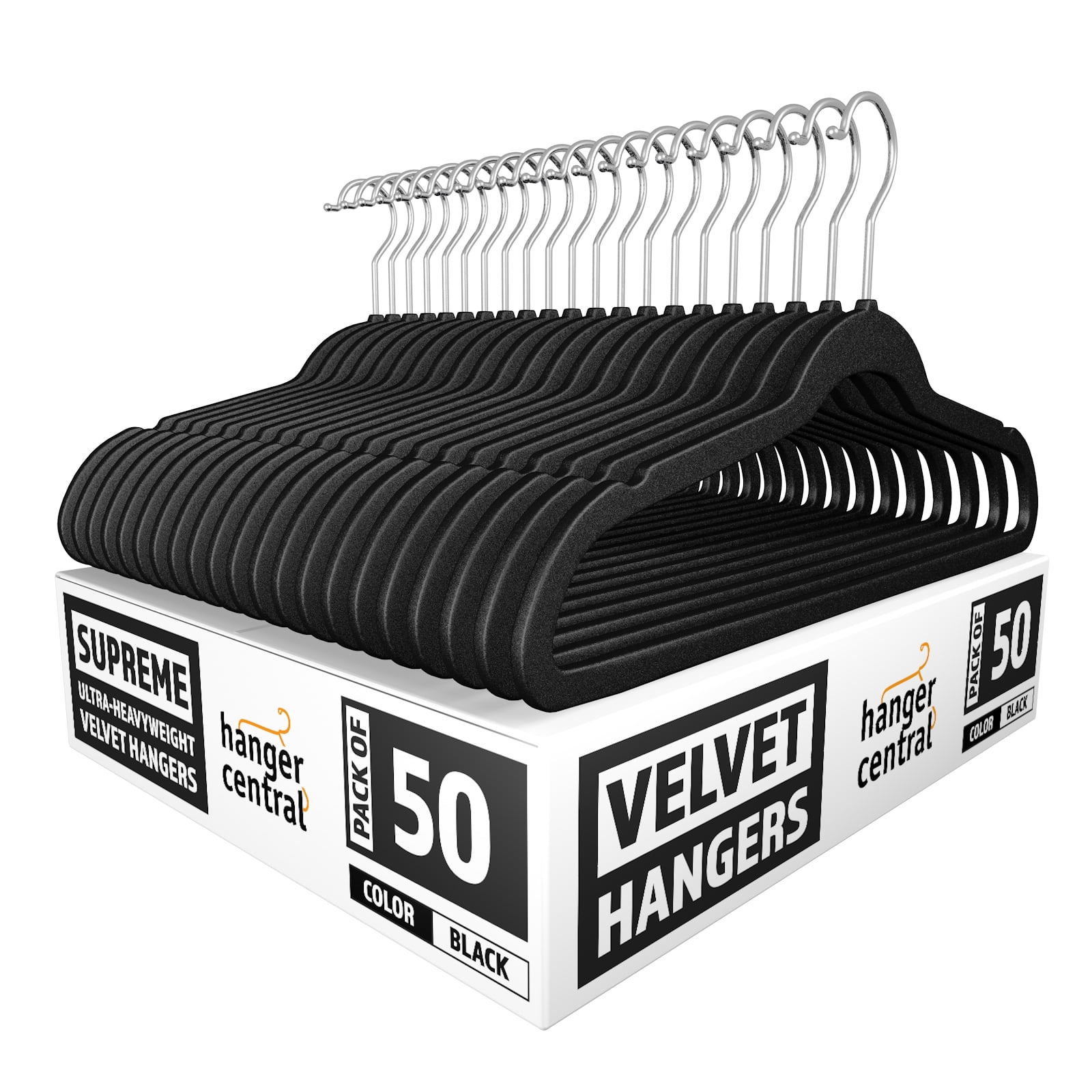 Hanger Central 50 pack 17 Inch Black Velvet Clothes Hangers with Swivel Hook