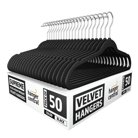 Hanger Central 50 Pack Space Saving Black Velvet Non-Slip Hangers with Swivel Hook