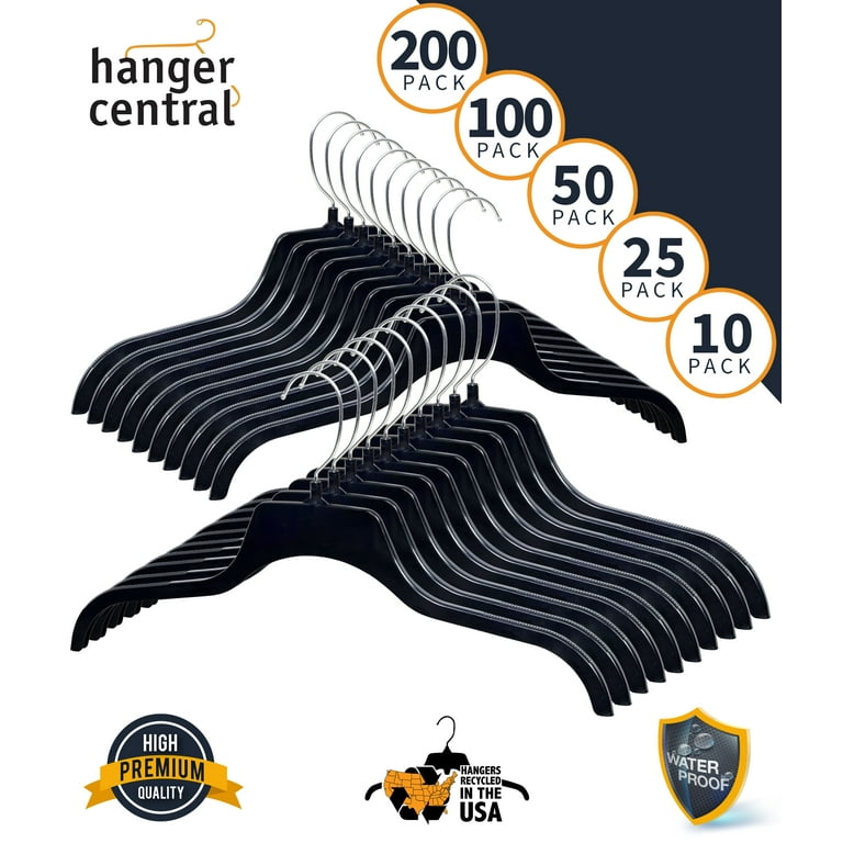 Hanger Central Black Heavy Duty Recycled Plastic Non Slip Sweater Garment  Hangers with Polished Metal Swivel Hooks, 19 Inch, 100 Pack