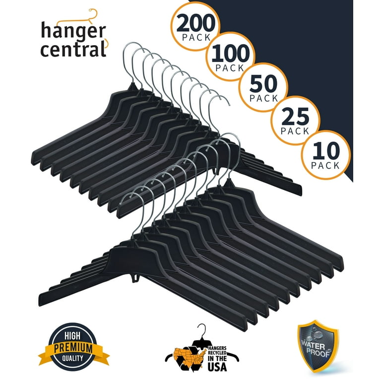 Hanger Central Durable Plastic Clothing Hangers with Metal Swivel Hooks, 17  inch, 200 Pack, Black 
