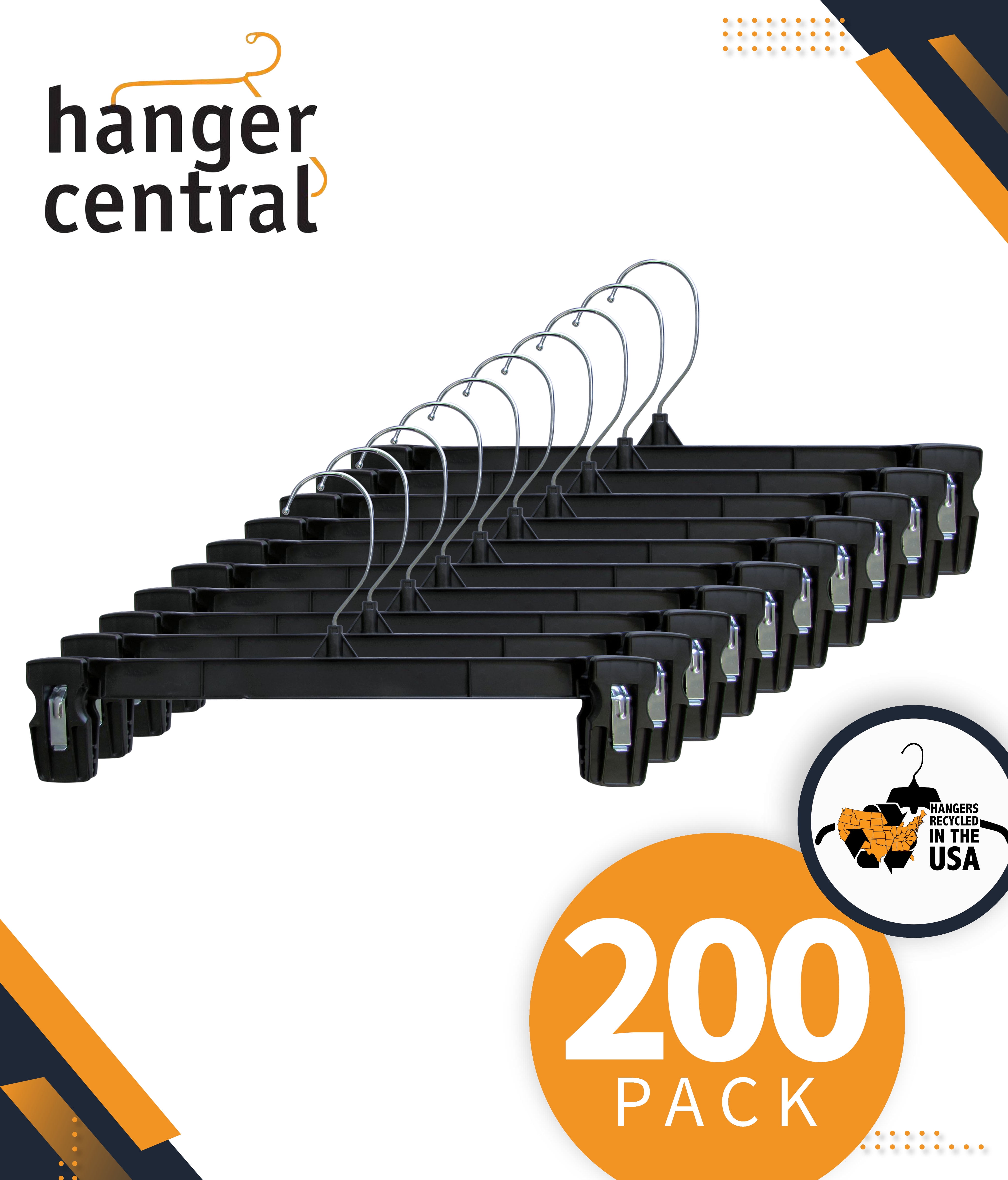 Hanger Central 200 Pack Pants Hangers – 10 Inch Slim Plastic Clothes Hangers with Clips for Skirts, Pants, Shorts – Heavy Duty Space Saving Non Slip Closet Organizer with Swivel Hook – Black