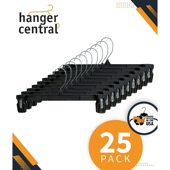 Hanger Central Recycled Black Heavy Duty Plastic Pants & Skirt Bottom Hangers with Plastic Extra Long Pinch Clips and Polished Metal Swivel Hooks, 10 Inch, 25 Pack