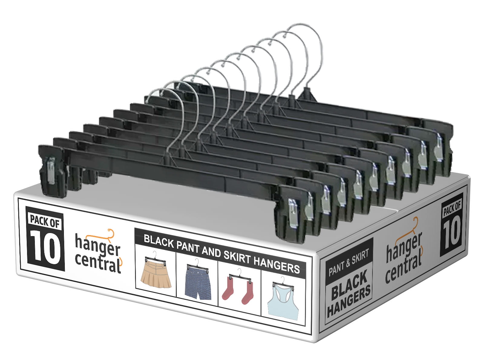 Hanger Central Recycled Black Heavy Duty Plastic Pants & Skirt Bottom Hangers with Padded Pinch Clips and Polished Metal Swivel Hooks, 12 Inch, 10 Pack
