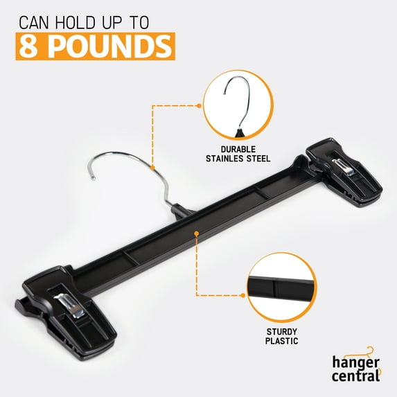 Hanger Central Recycled Black Heavy Duty Plastic Pants & Skirt Bottom Hangers with Padded Pinch Clips and Polished Metal Swivel Hooks, 12 Inch, 50 Pack