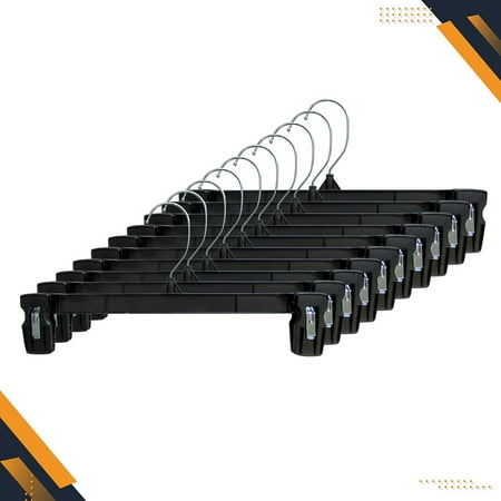 Hanger Central Recycled Black Heavy Duty Plastic Pants & Skirt Bottom Hangers with Plastic Extra Long Pinch Clips and Polished Metal Swivel Hooks, 10 Inch, 10 Pack