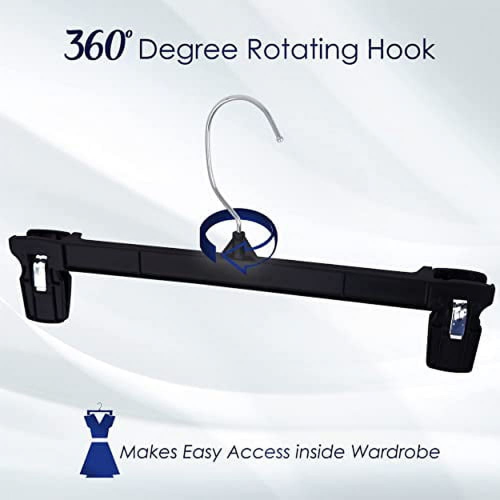 Hanger Central Recycled Black Heavy Duty Plastic Pants & Skirt Bottom Hangers with Plastic Extra Long Pinch Clips and Polished Metal Swivel Hooks, 10 Inch, 50 Pack