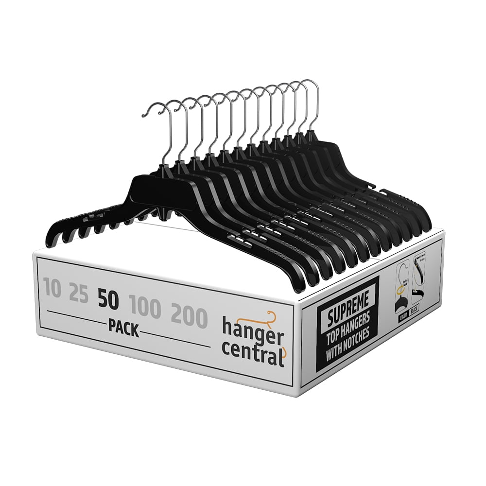 Hanger Central Recycled Heavy Duty Plastic Hangers, Long Polished Metal Swivel Hooks, 17 Inch, 50 Pack, Black