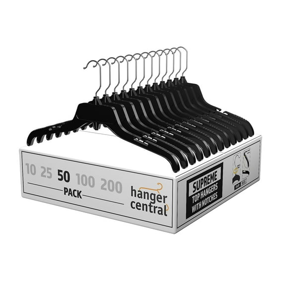 Hanger Central Recycled Heavy Duty Plastic Hangers, Long Polished Metal Swivel Hooks, 17 Inch, 50 Pack, Black