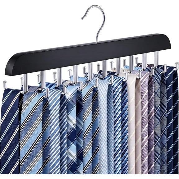 Hanger for Closet, Belt Organizer for Men with 20 Foldable Hooks, 360° Rotating Wooden Non-Slip Tie and Scarf Holder, Large Capacity Space-Saving Storage, Black