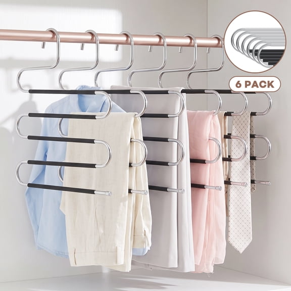 YEERSWAG® 6 Pack S Shape 5 Tier Pants Hangers Space Saving,Stainless Steel Non Slip Trouser Hangers, Multi Layer Closet Organizer Hanger for Jeans, Pants, Skirts, Scarves, Belts