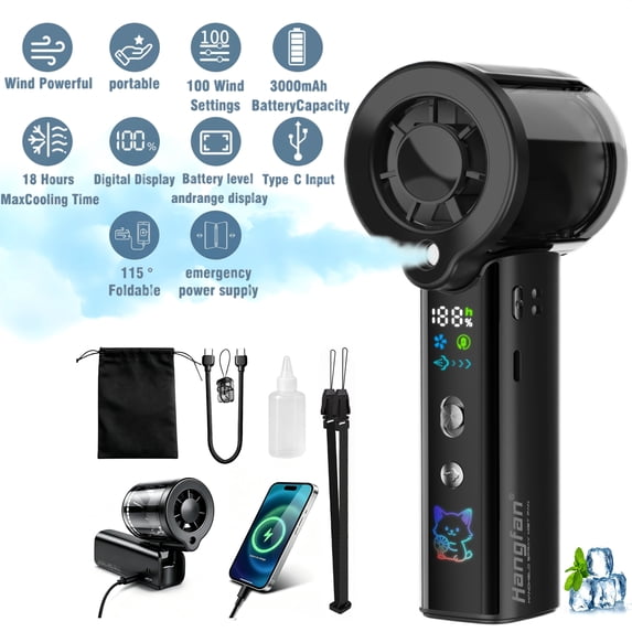  Portable handheld spray fan, 30000 RPM adjustable high-speed turbine personal fan, 3000mAh USB rechargeable mini spray fan, with LED lights, suitable for office/travel/shopping/concert-Black