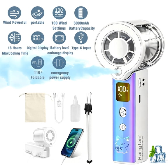 Portable handheld spray fan, 30000 RPM adjustable high-speed turbine personal fan, 3000mAh USB rechargeable mini spray fan, with LED lights, suitable for office/travel/shopping/concert-White