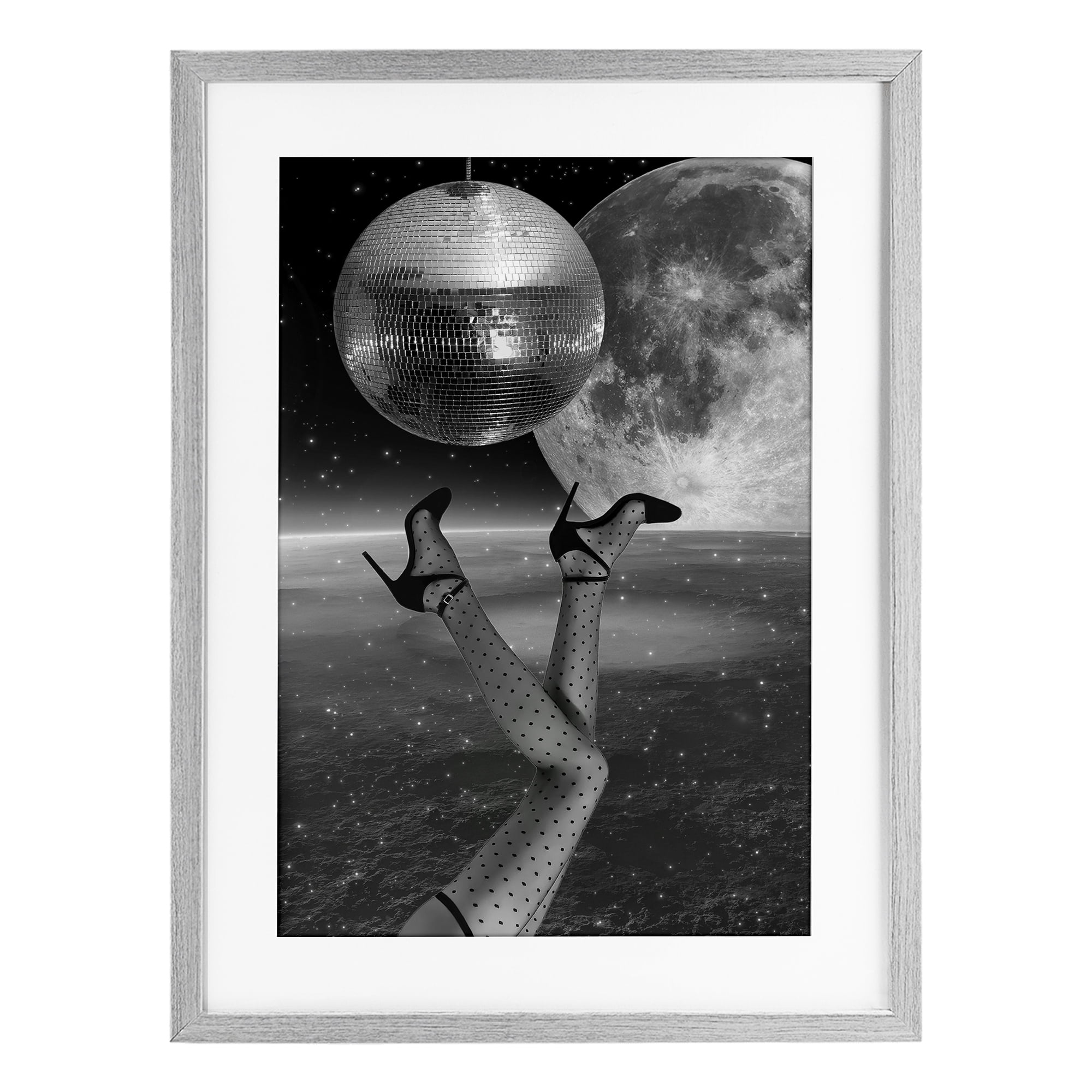 Hangin' Over Disco & Planet Gray Framed Print Under Glass, design by Elo Marc