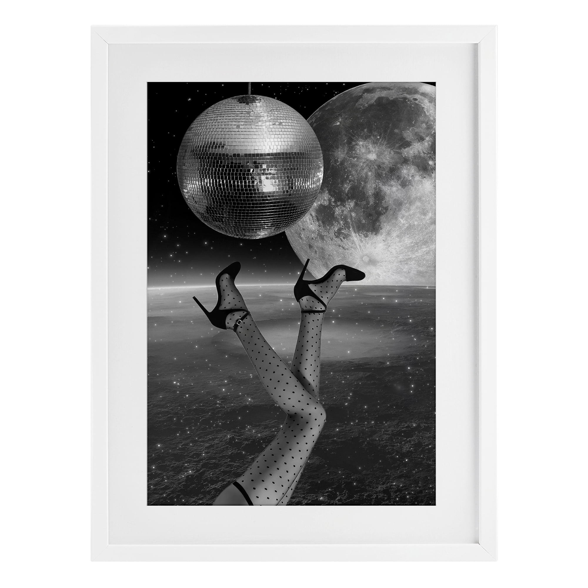 Hangin' Over Disco & Planet White Framed Print Under Glass, design by Elo Marc