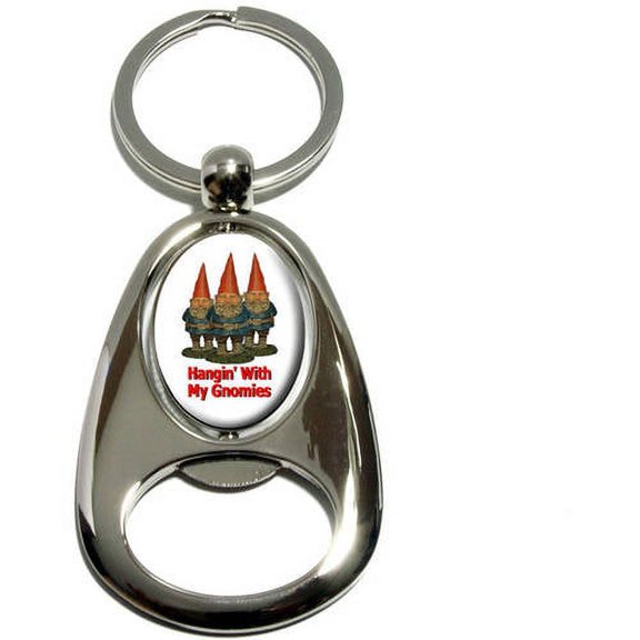 Hangin With My Gnomies, Hanging Gnomes, Chrome Plated Metal Spinning Oval Design Bottle Opener Keychain Key Ring