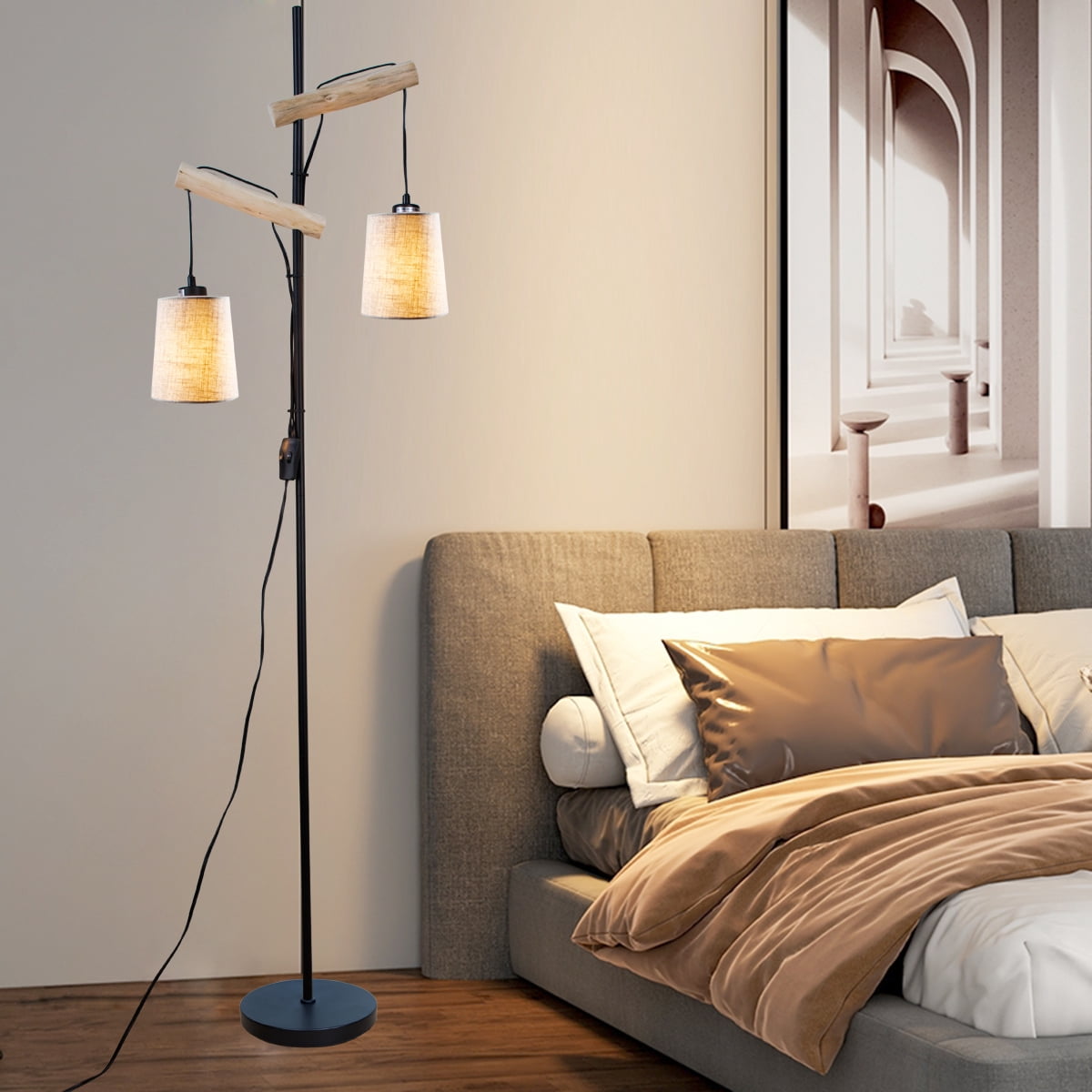 Hanging 2 Lights Floor Lamp Rustic Farmhouse Tall Standing Lamps with Double Fabric Lampshade Floor Lamps for Living Room Bedroom Office Home Lighting Decor.
