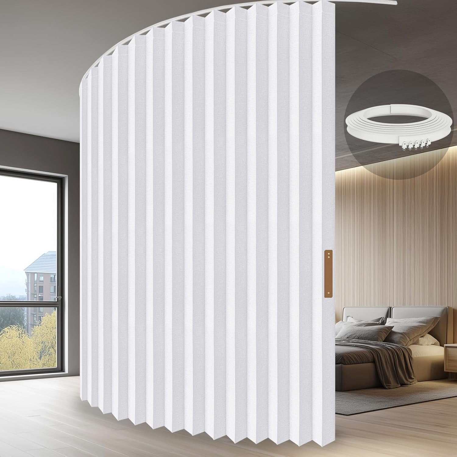 Hanging Accordion Room Divider with Track System - Ceiling-Mounted Partition Curtain, Simple Installation(White 100" W x 108" L-Pack of 1)