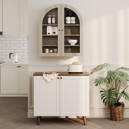 Hanging Arched Wall Bathroom Cabinet with Glass Doors & Adjustable Shelves, Modern Wood Wall Mounted Storage Cabinet for Bathroom, Kitchen, Laundry Room, Apartments, Vanity, Medicine