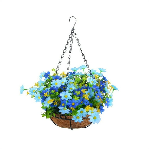 Hanging Artificial Flowers Basket, Fake Hanging Plant in Basket, Artificial Silk Daisy Flowers Outdoor, Hanging Daisy Basket Faux Flower Fake Plants for Patio Garden Yard Pouch Home Decoration