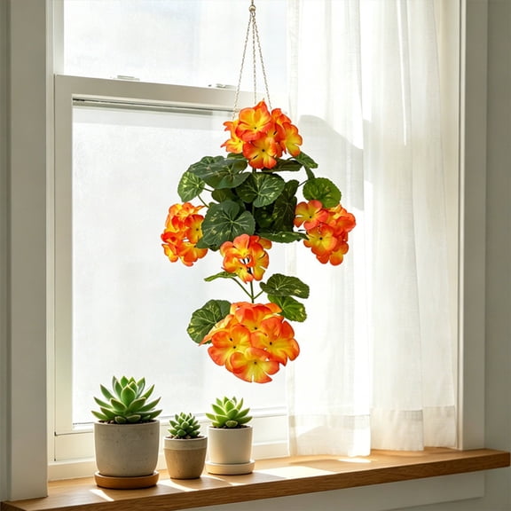 Hanging Artificial Geranium Flower With Pot, Orange Fake Floral Decor, Waterproof Plastic Hanging Plant for Balcony Window, 16.54in Yellow