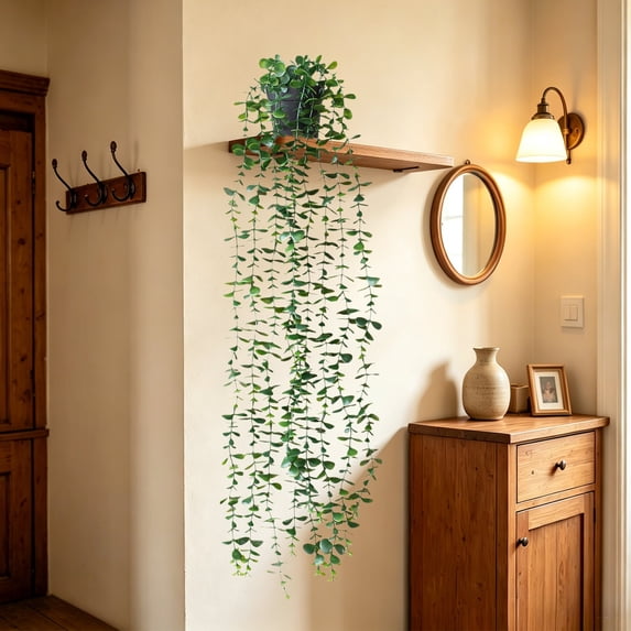 Hanging Artificial Pothos with Pot, Faux Trailing Green Vine Plant for Indoor Wall Shelf Home Decor