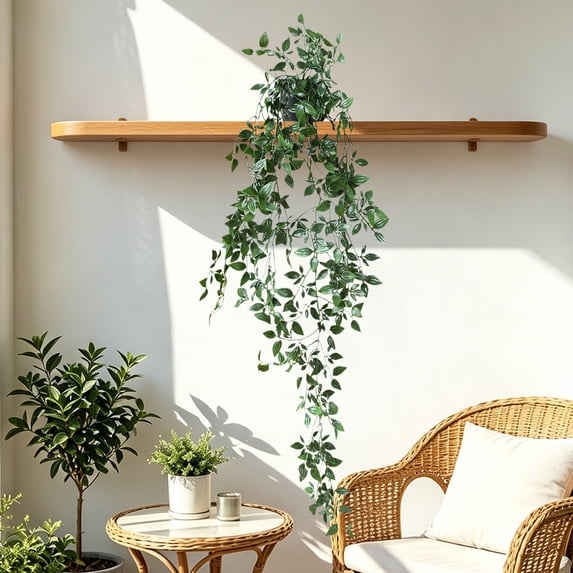 Hanging Artificial Pothos with Pot, Faux Trailing Green Vine Plant for Indoor Wall Shelf Home Decor