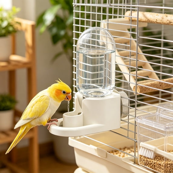 Hanging Automatic Bird Water Dispenser for Parrots and Cockatiels, Cage-Mounted Water Bottle with Large Capacity, Easy Refill Plastic Drinking Accessory for Bird Cage, Aviary, Home, White