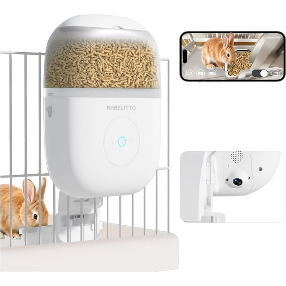 Hanging Automatic Rabbit Feeder with 1080 P H D Camera,WiFi Smart APP Control 1-10 Meals A Day, 62 oz Storage, Multiple Pet Cage Compatibility, Small Animal Food Dispenser for Bunny