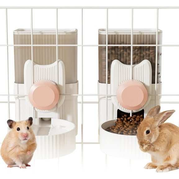 Hanging Automatic Rabbit Feeder and Water Dispenser Set, Gravity Rabbit Feeder Waterer for Cage, Small Animal Hanging Bottle Bowl Set, Food Water Dispenser for Cat Dog Bunny Guinea (Pink)
