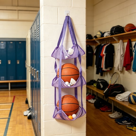 Hanging Ball Storage Organizer, 3 Tier Mesh Ball Rack, Over Door Wall Mounted Sports for Basketball, Soccer, Volleyball, Space Saving Garage and Home Storage Net