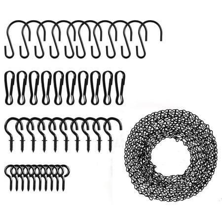 Hanging Basket Chain,197 Inch Hanging Chain,Black Metal Hanging Chain with 10 S Hooks & 10 Eye Hooks & 10 Screw Hooks & 10 Clips for Bird Feeders Wind Chimes Billboards Lanterns Decorative Ornaments