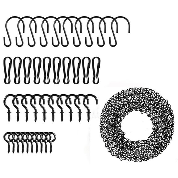 Hanging Basket Chain,197 Inch Hanging Chain,Black Metal Hanging Chain with 10 S Hooks & 10 Eye Hooks & 10 Screw Hooks & 10 Clips for Bird Feeders Wind Chimes Billboards Lanterns Decorative Ornaments