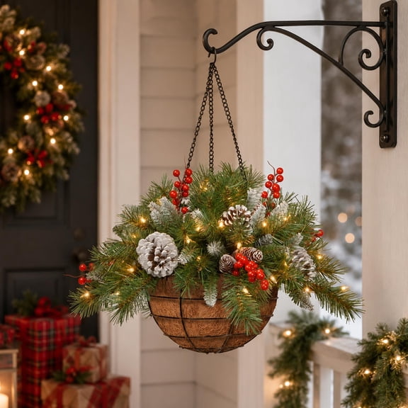 Hanging Basket Christmas Greenery Arrangement Lighted Suspended Planter With Pinecone Berries For Porch Decor